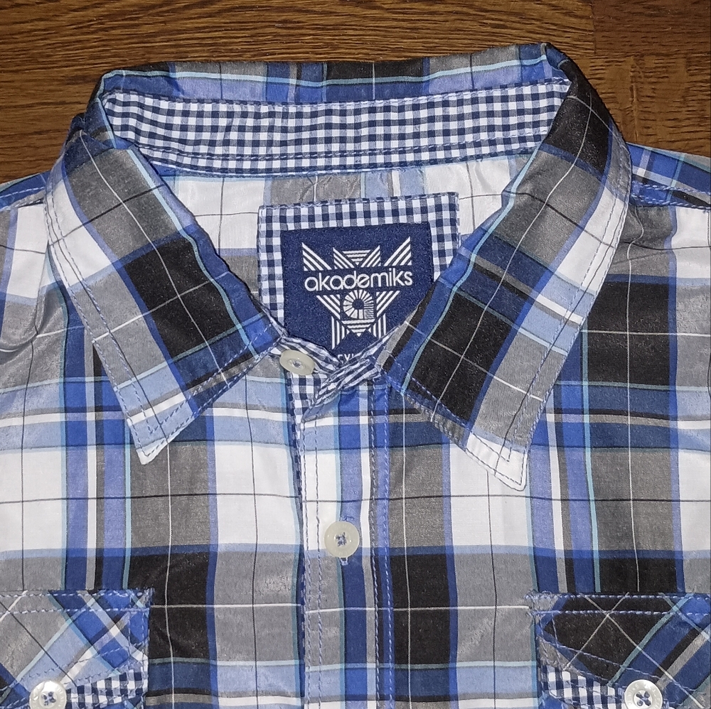 Mens Akademiks Black Blue White Plaid Button Front Shirt Size 5XL XXXXXL - Picture 2 of 11